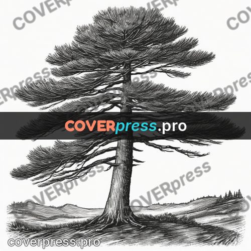 Scratchboard drawing: tall pine with tiered branches