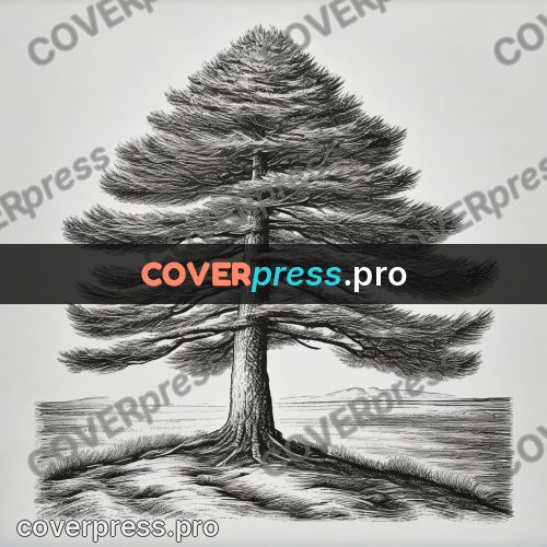 Scratchboard drawing: tall pine with tiered branches