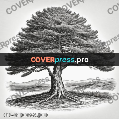 Scratchboard drawing: tall pine with tiered branches