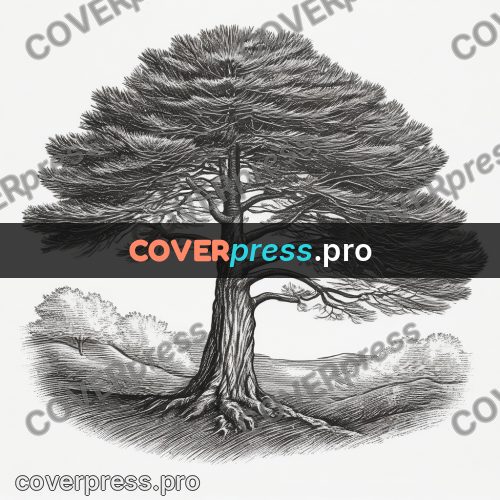 Scratchboard drawing: tall pine with tiered branches