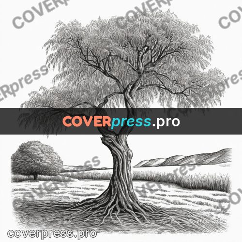 Scratchboard drawing: willow with drooping branches