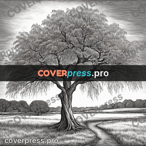 Scratchboard drawing: willow with drooping branches
