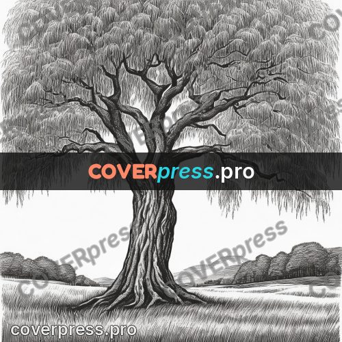 Scratchboard drawing: willow with drooping branches
