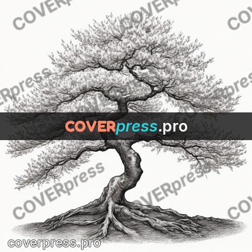Scratchboard drawing: blossoming tree with a curved trunk