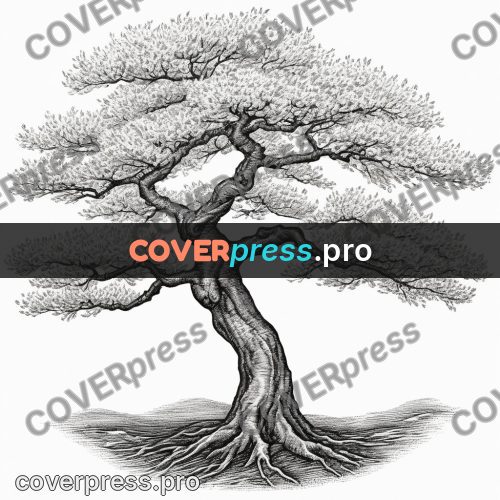 Scratchboard drawing: blossoming tree with a curved trunk