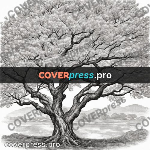 Scratchboard drawing: blossoming tree with a curved trunk