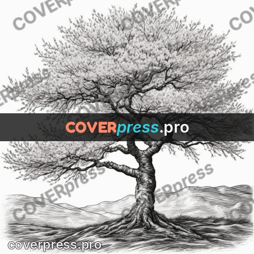 Scratchboard drawing: blossoming tree with a curved trunk