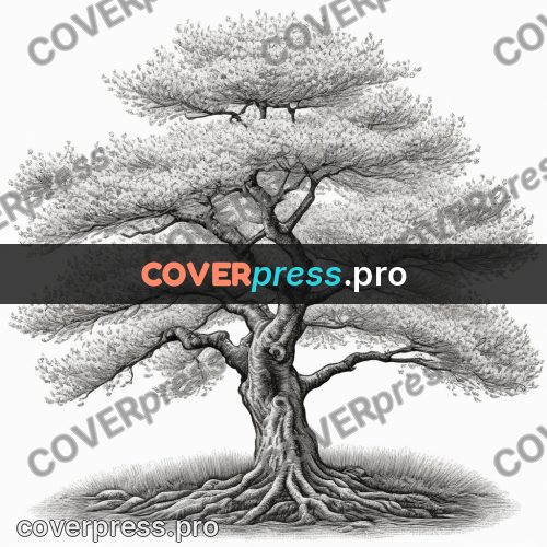 Scratchboard drawing: blossoming tree with a curved trunk