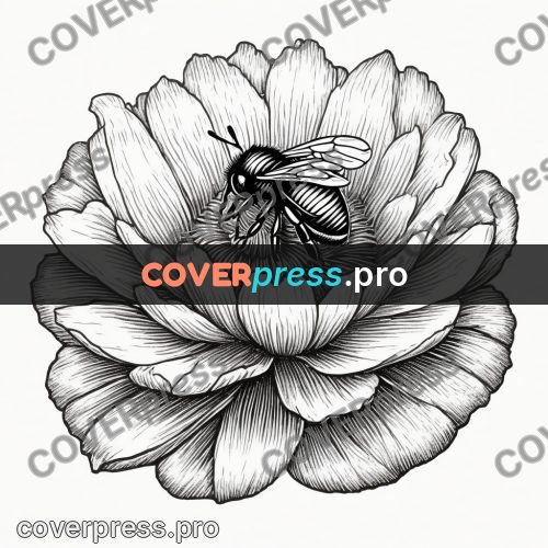Scratchboard drawing: bee on a flower