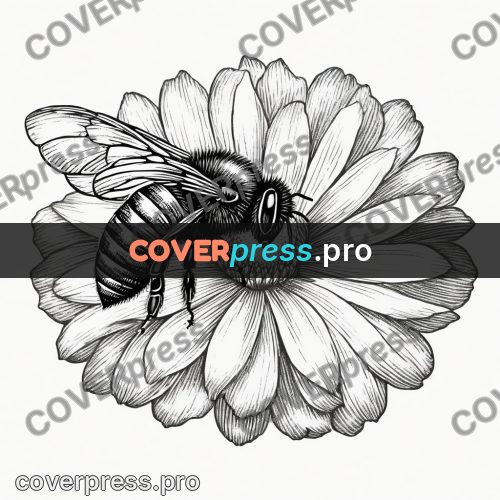 Scratchboard drawing: bee on a flower
