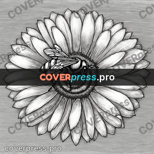 Scratchboard drawing: bee on a flower