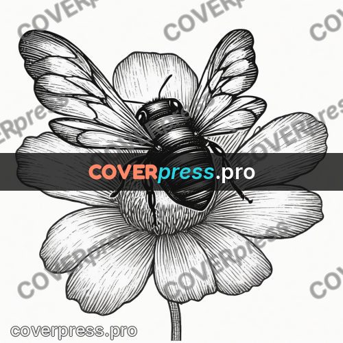 Scratchboard drawing: bee on a flower