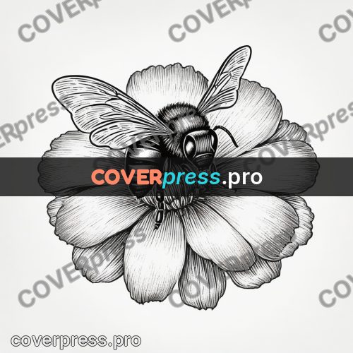 Scratchboard drawing: bee on a flower