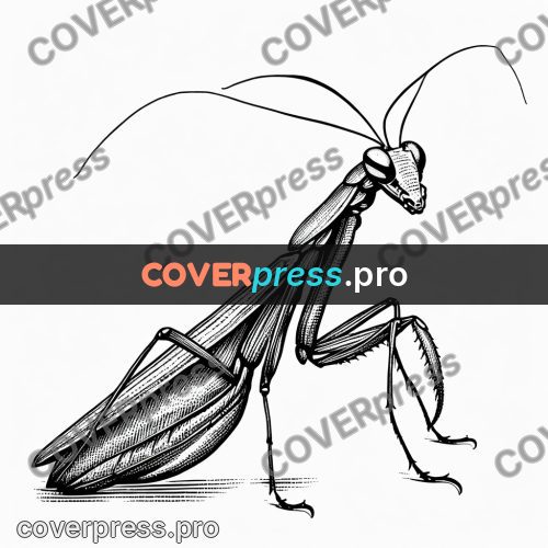 Scratchboard drawing: mantis with raised forelegs