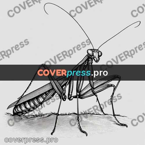 Scratchboard drawing: mantis with raised forelegs