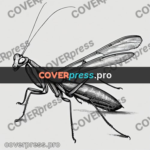 Scratchboard drawing: mantis with raised forelegs