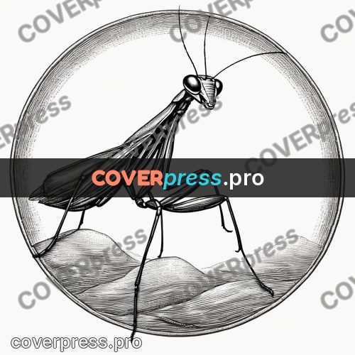 Scratchboard drawing: mantis with raised forelegs