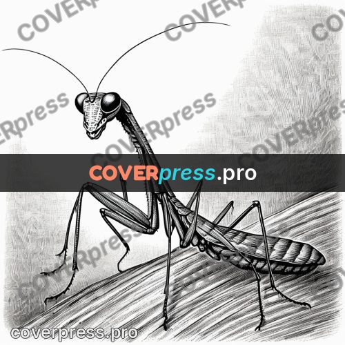 Scratchboard drawing: mantis with raised forelegs