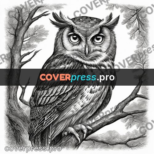 Scratchboard drawing: owl sitting on a branch