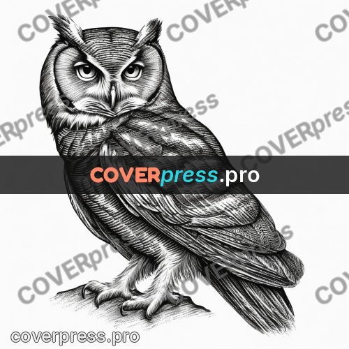 Scratchboard drawing: owl sitting on a branch