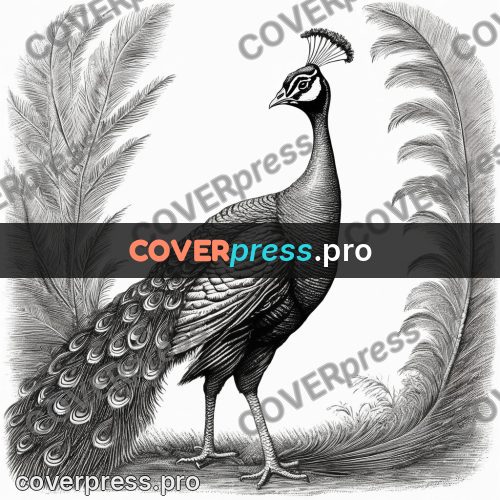Scratchboard drawing: peacock with a spread tail