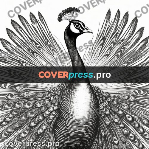 Scratchboard drawing: peacock with a spread tail