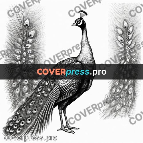 Scratchboard drawing: peacock with a spread tail