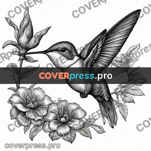 Scratchboard drawing: hummingbird at a flower