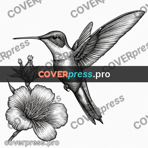 Scratchboard drawing: hummingbird at a flower