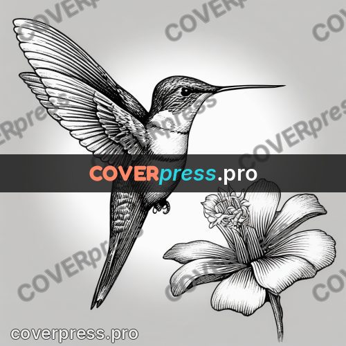 Scratchboard drawing: hummingbird at a flower