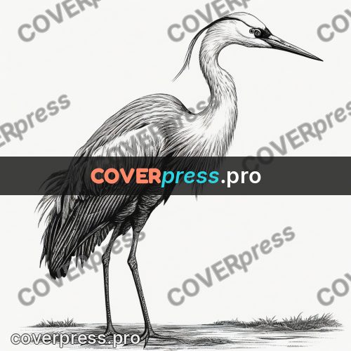 Scratchboard drawing: heron standing on long legs