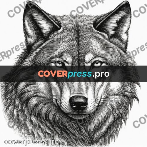 Scratchboard drawing: wolf head with thick fur