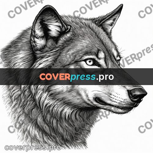 Scratchboard drawing: wolf head with thick fur