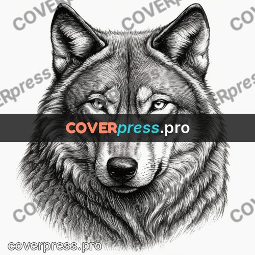 Scratchboard drawing: wolf head with thick fur