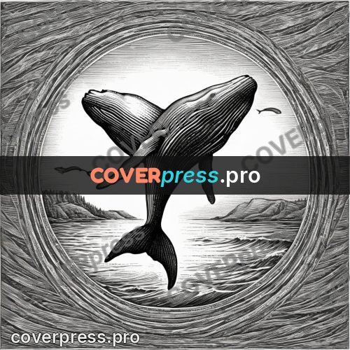Scratchboard drawing: whale leaping from the water