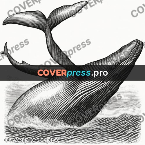 Scratchboard drawing: whale leaping from the water