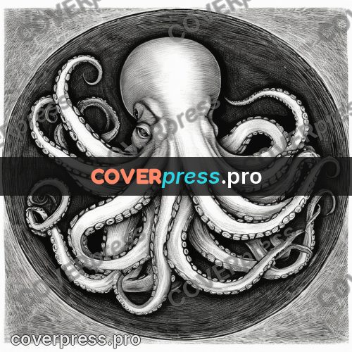 Scratchboard drawing: octopus with curling tentacles