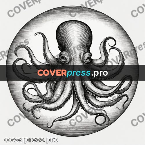 Scratchboard drawing: octopus with curling tentacles