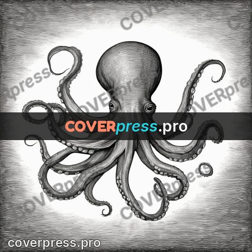 Scratchboard drawing: octopus with curling tentacles