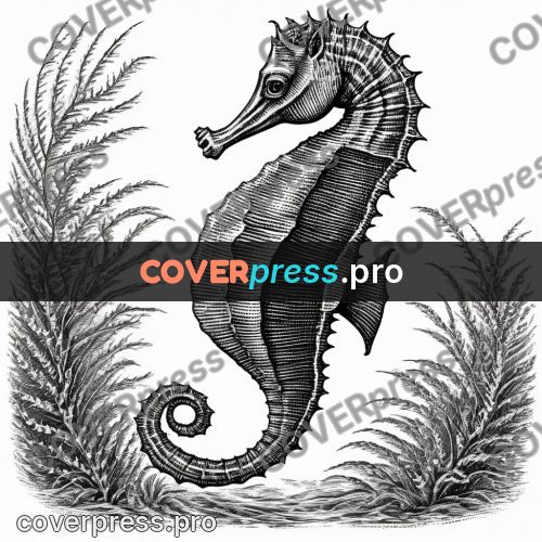 Scratchboard drawing: seahorse among seaweed