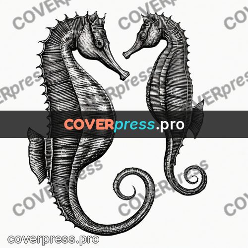 Scratchboard drawing: seahorse among seaweed