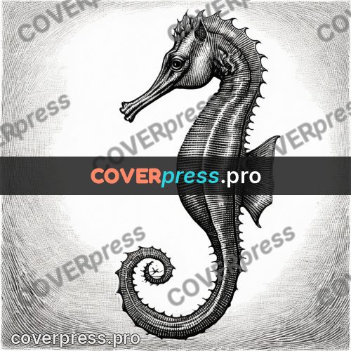 Scratchboard drawing: seahorse among seaweed