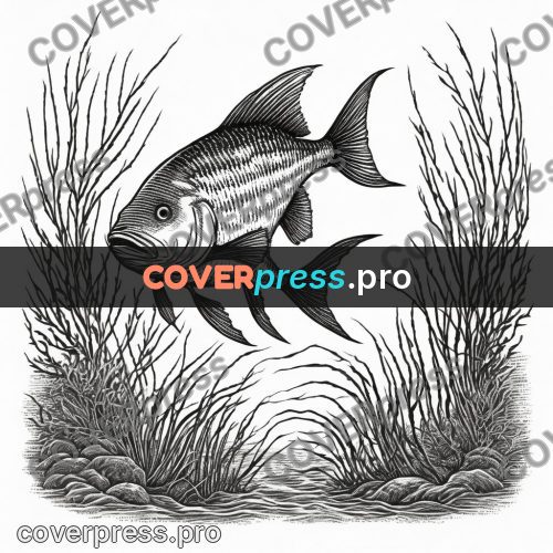 Scratchboard drawing: fish among seaweed