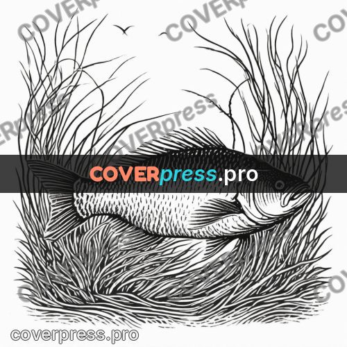 Scratchboard drawing: fish among seaweed
