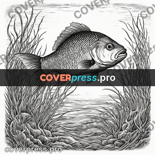 Scratchboard drawing: fish among seaweed