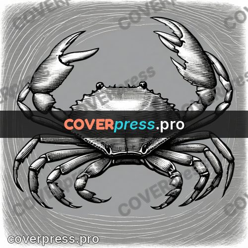 Scratchboard drawing: crab with raised claws