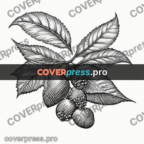 Scratchboard drawing: branch with leaves and berries