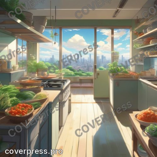 Аниме пейзаж в стиле Синкая: кухня, чайник и кот