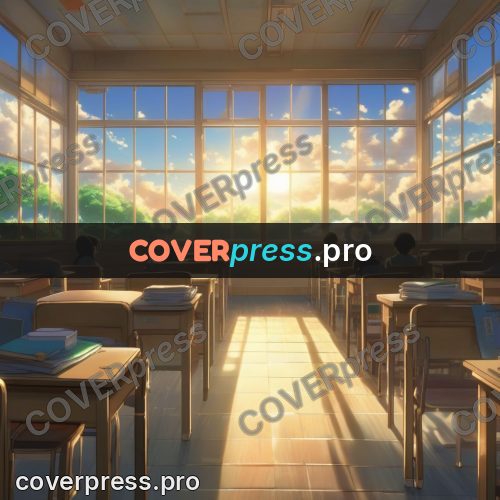 Shinkai style anime landscape: classroom with sunlit windows