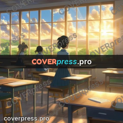 Shinkai style anime landscape: classroom with sunlit windows